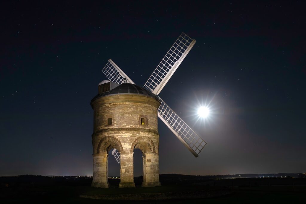 Chesterton Windmill at night after restoration, photographed in 2025