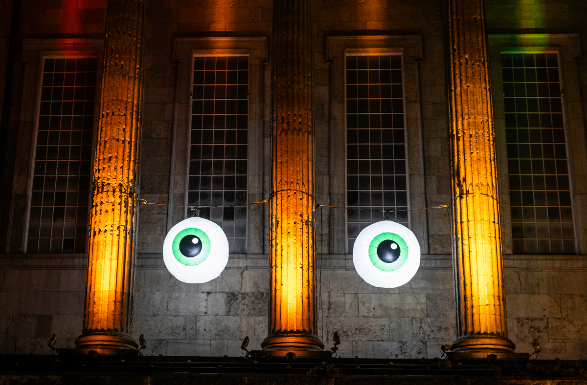 All Eyes on the Town Hall Giant illuminated eyes on the Birmingham Town Hall columns in Victoria Square.