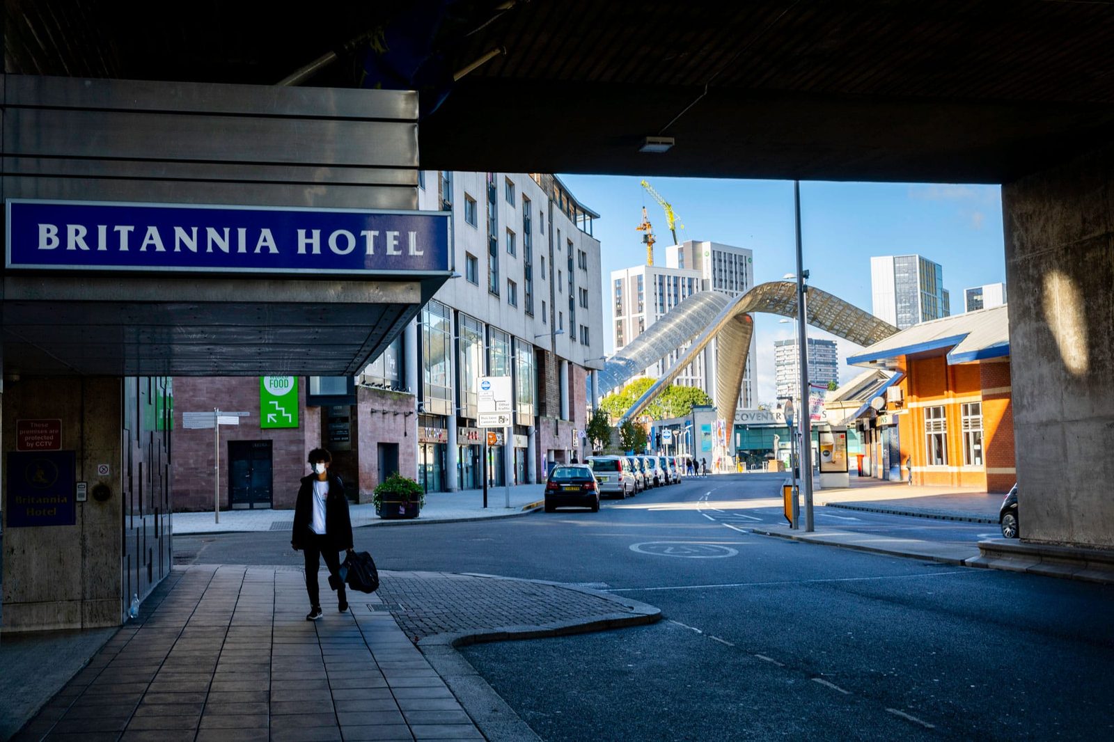 Looking past the Britannia Hotel to the Frank Whittle monument