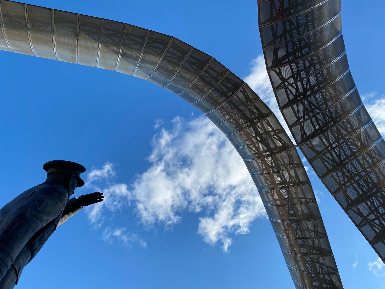 Frank Whittle blows clouds onto the monument