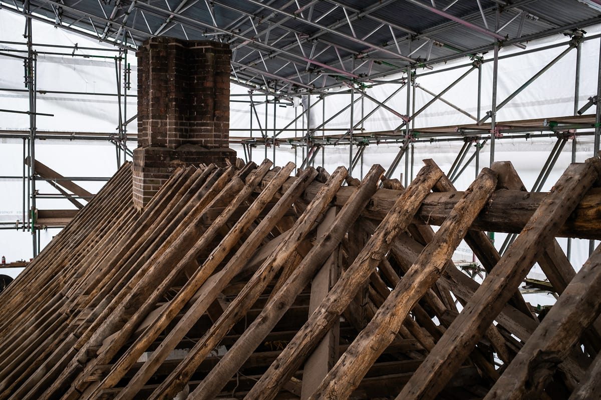 Roof Timbers Interior View
Historic roof timbers inside the Golden Lion building during conservation works.