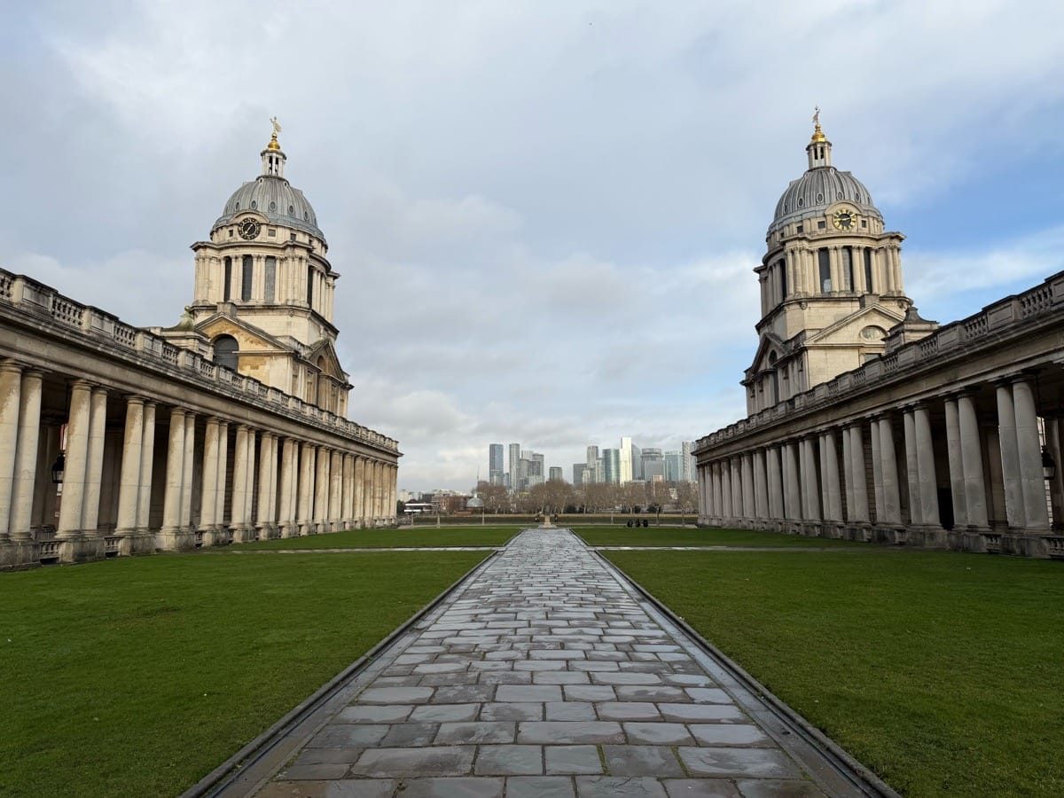 Historic architecture of the University of Greenwich photographed at sunrise