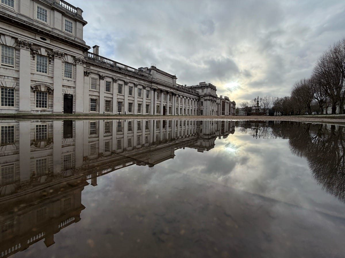 Historic architecture of the University of Greenwich photographed at sunrise