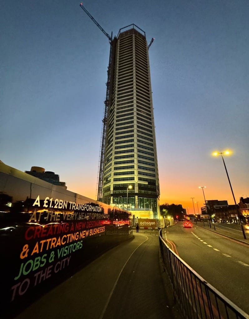 Sunset and sunrise, the Octagon, Birmingham City Centre, September, 2024.