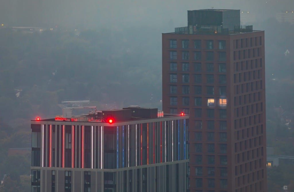 Sunset and sunrise, the Octagon, Birmingham City Centre, September, 2024.