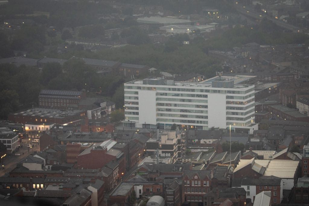 Sunset and sunrise, the Octagon, Birmingham City Centre, September, 2024.