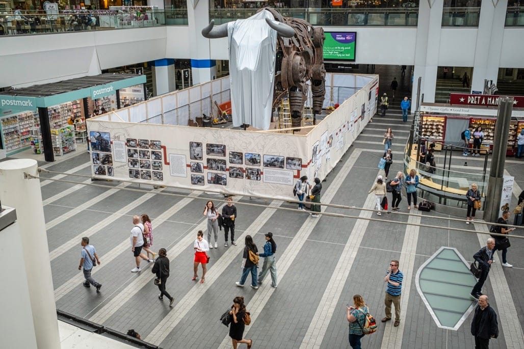 Ozzy the Bull arrives in New Street station, Birmingham. 2023