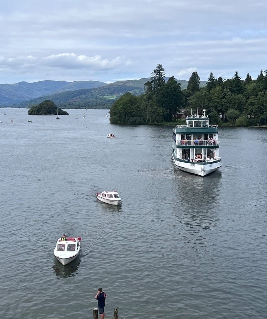Boat tip on Lake Windermere. Ambleside to Bowness, The Lake District, August, 2023.